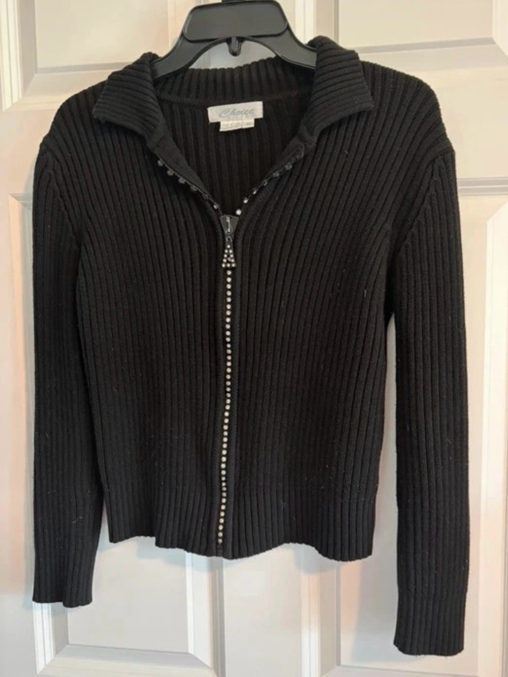 Black Ribbed Zip-Front Sweater with rhinestone zipper